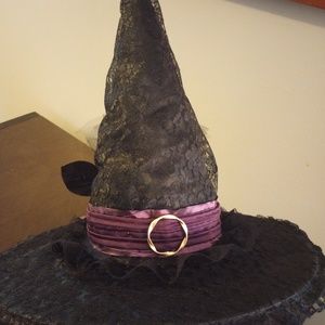 Black and Purple Satin Lace Ladies Witch Hat with Gold Buckle